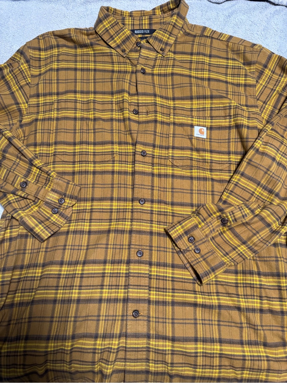 Carhartt Men's Mustard and Brown Plaid Button-Down Shirt